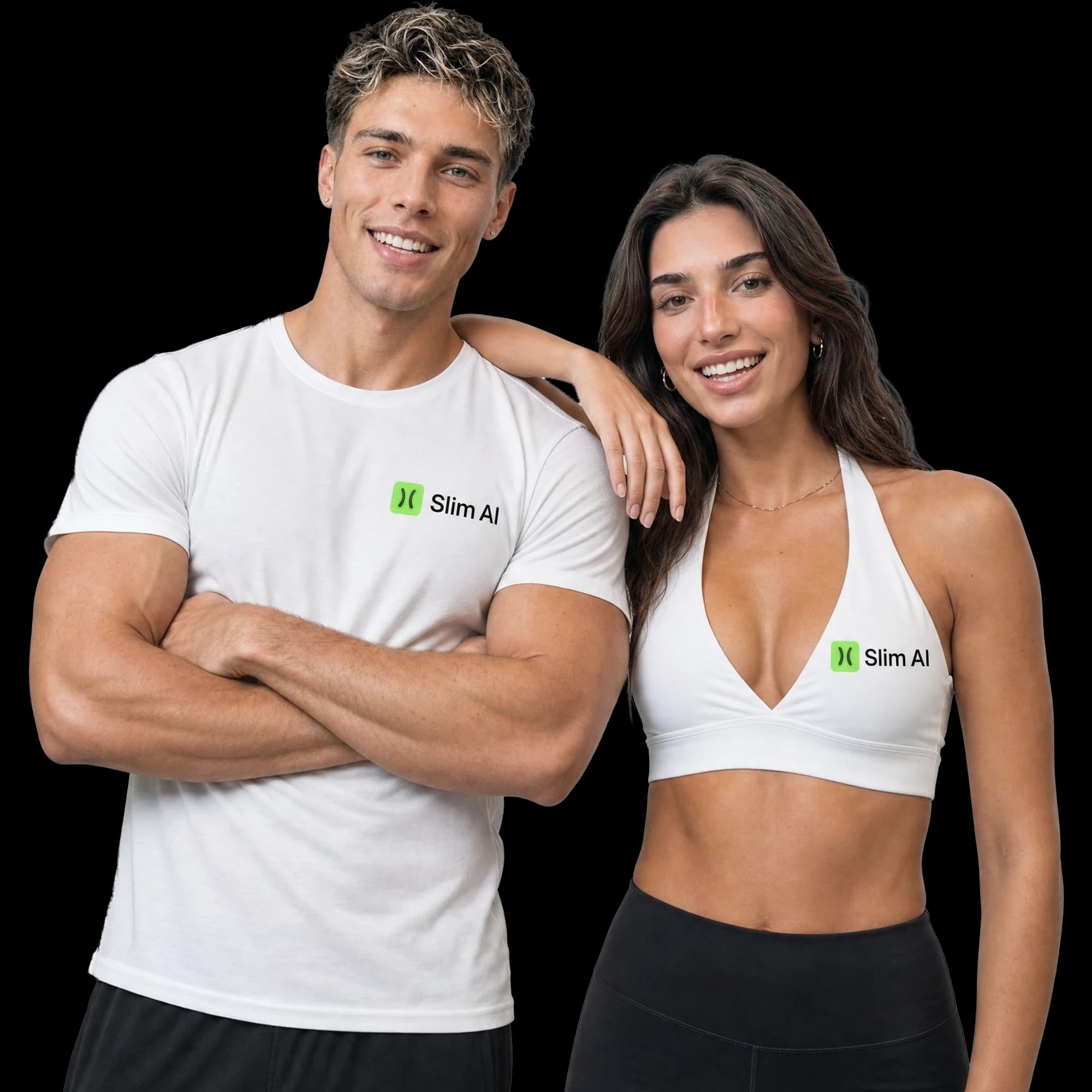 A couple wearing Slim AI shirts