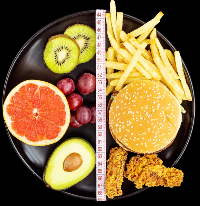 A plate half filled with healthy food and half with processed food