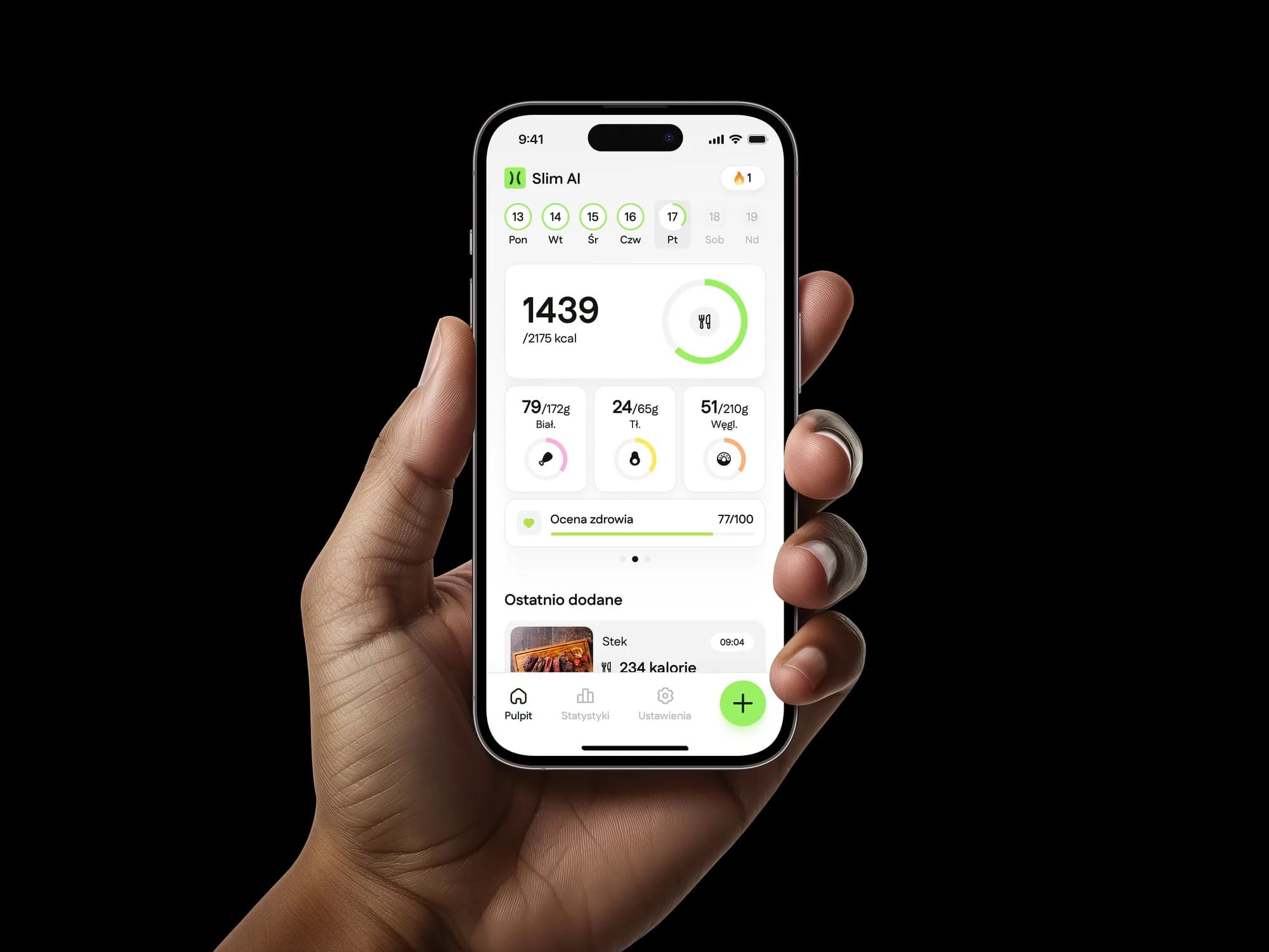 Slim AI app on a phone screen showing a calorie and macro summary