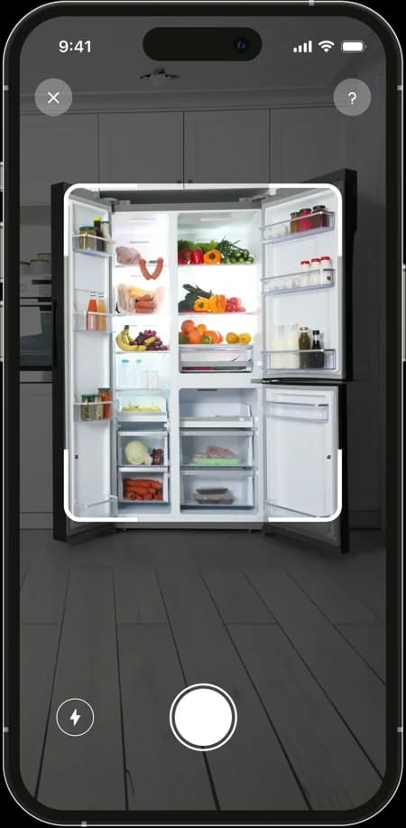 Slim AI camera pointed at an open fridge full of groceries