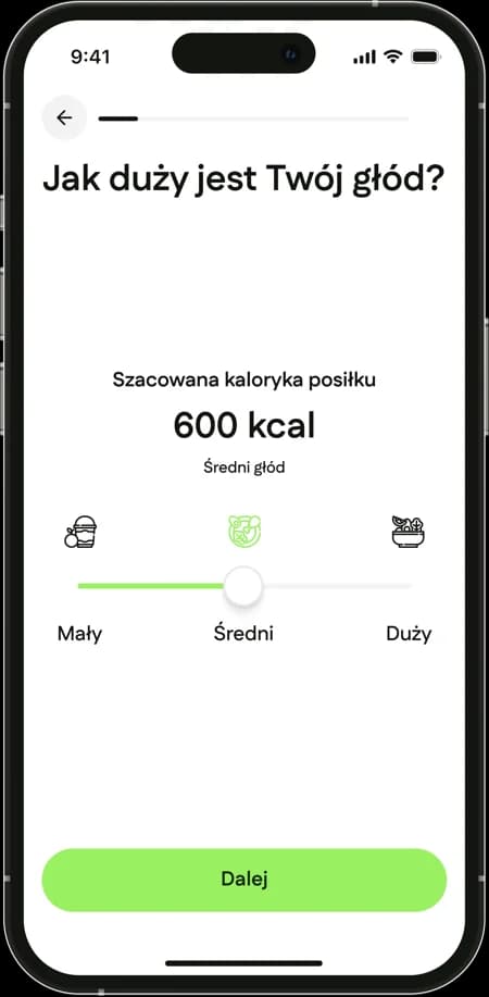 Hunger level screen with the estimated calories for the meal