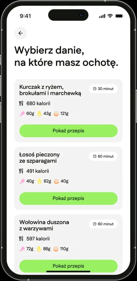List of recipes matched to the fridge contents, with calories and cooking time